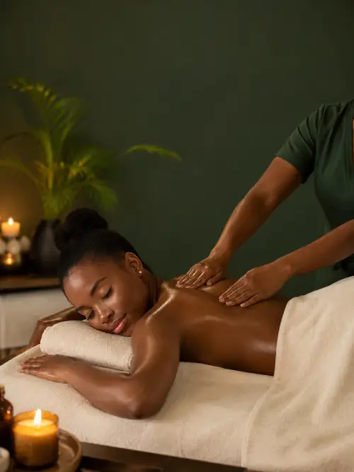 Back massage in a candlelit treatment room at Comfort Spa, Sukuta
