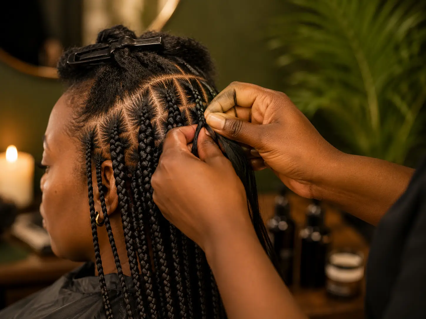 Box braiding at Comfort Spa salon, Sukuta, The Gambia