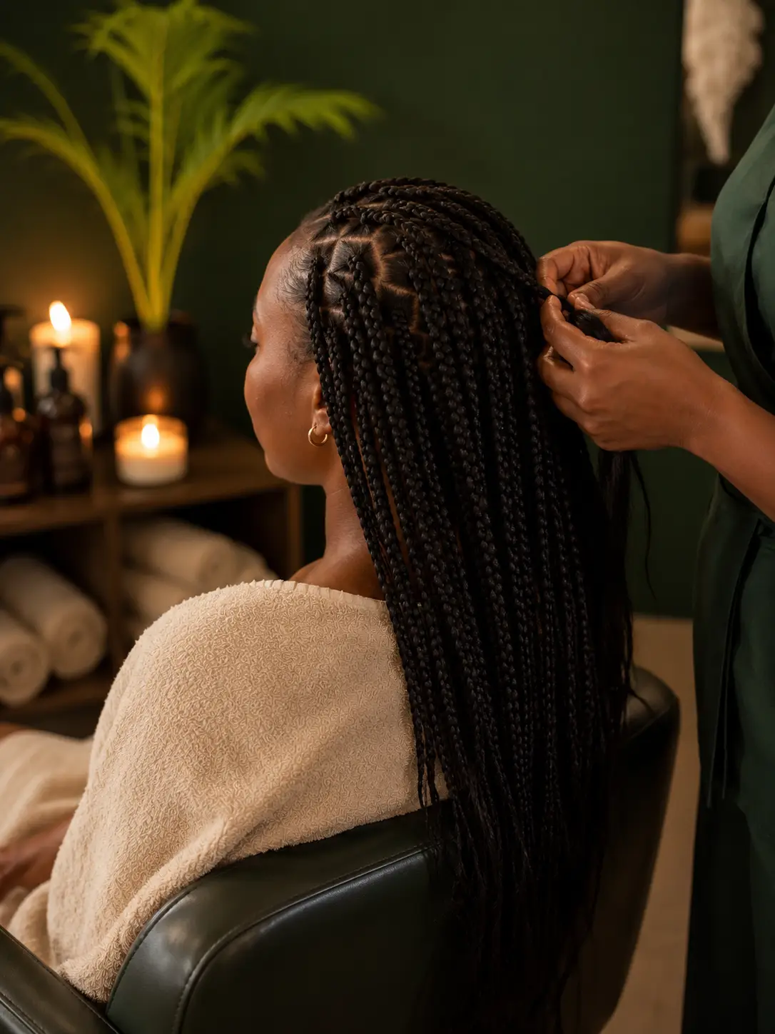 Box braids being styled at Comfort Spa salon, Sukuta, The Gambia