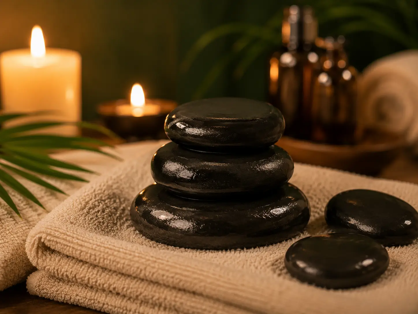Hot basalt stones on a cream towel at Comfort Spa, Sukuta
