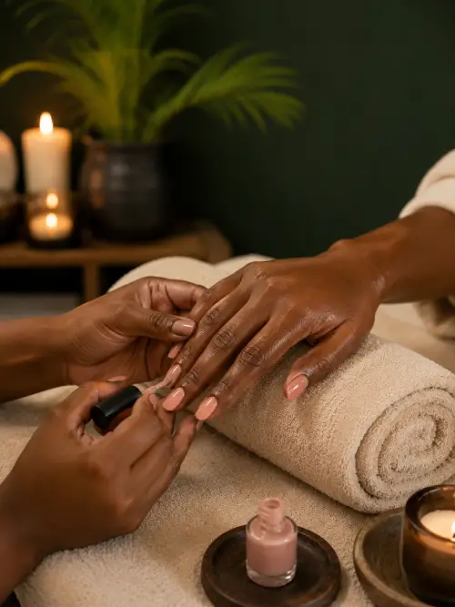 Manicure with nude polish at Comfort Spa, Sukuta, The Gambia