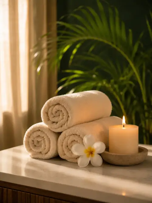 Candle, folded towels and frangipani flower at Comfort Spa, Sukuta