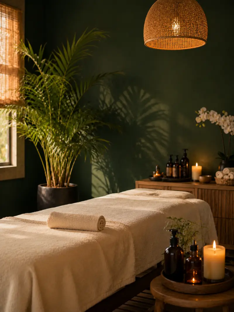 Treatment room with massage table and candles at Comfort Spa, Sukuta